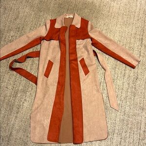 Solitaire Women's Orange/Tan Trench Belted Open Coat Faux Suede small